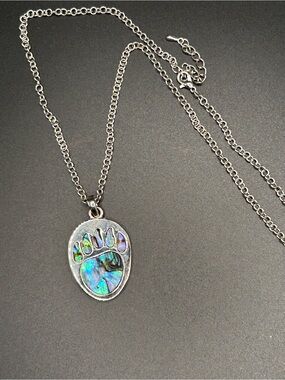 Abalone Bear Paw Pendant Necklace - Silver Tone